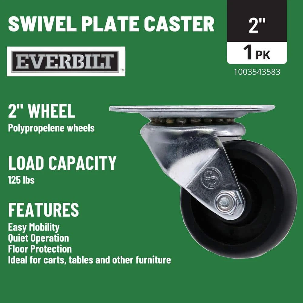 Everbilt 2 in. Black Polypropylene and Steel Swivel Plate Caster with 125 lb. Load Rating 2 Everbilt 2 in. Black Polypropylene and Steel Swivel Plate Caster with 125 lb. Load Rating - Image 2