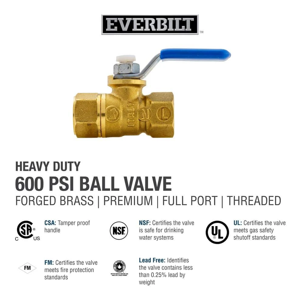 Everbilt 1/4 in. Brass FPT Full Port Threaded Ball Valve 6 Everbilt 1/4 in. Brass FPT Full Port Threaded Ball Valve - Image 6