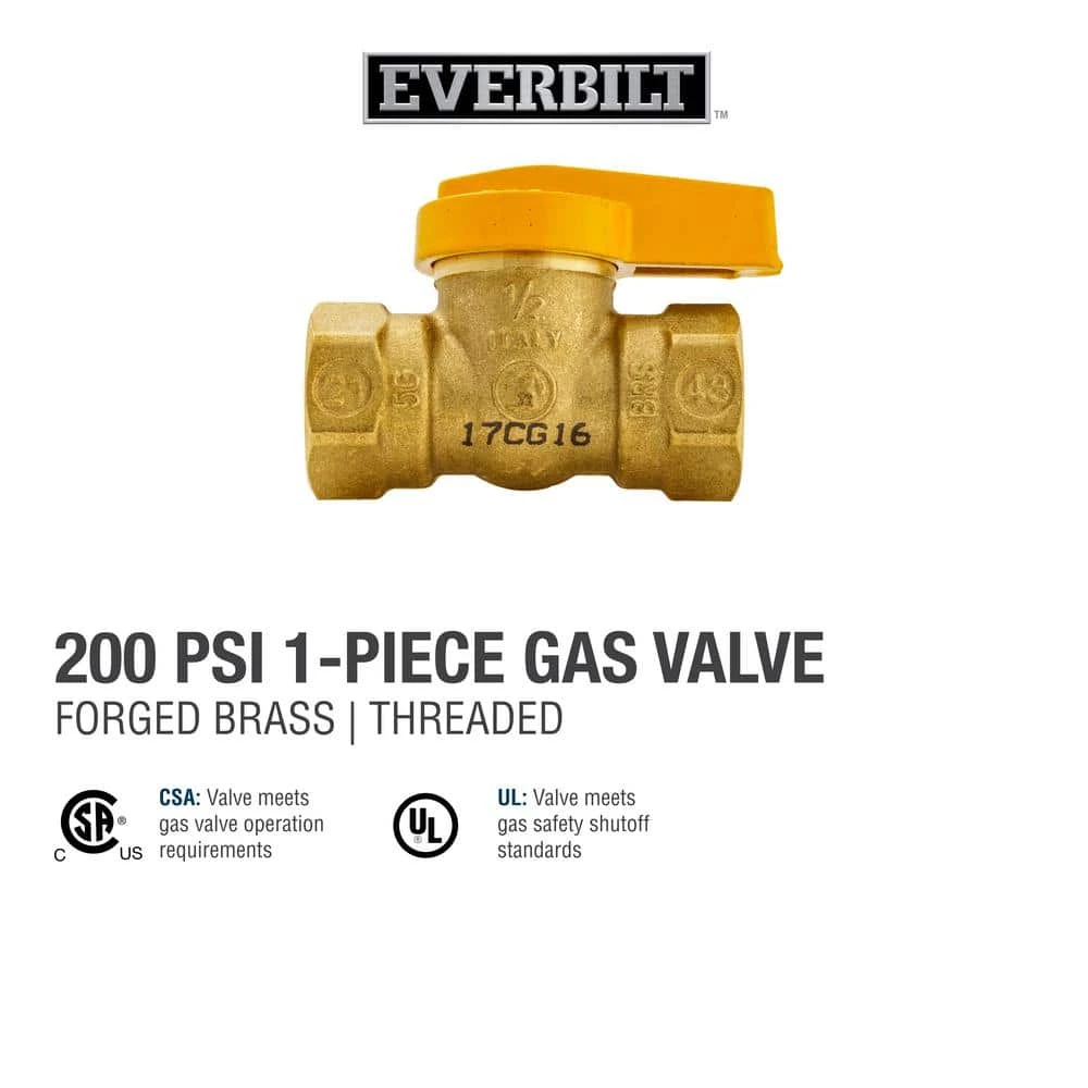 Everbilt 1/2 in. Brass Lever-Handle FPT 1-Piece Body Gas Ball Valve 6 Everbilt 1/2 in. Brass Lever-Handle FPT 1-Piece Body Gas Ball Valve - Image 6