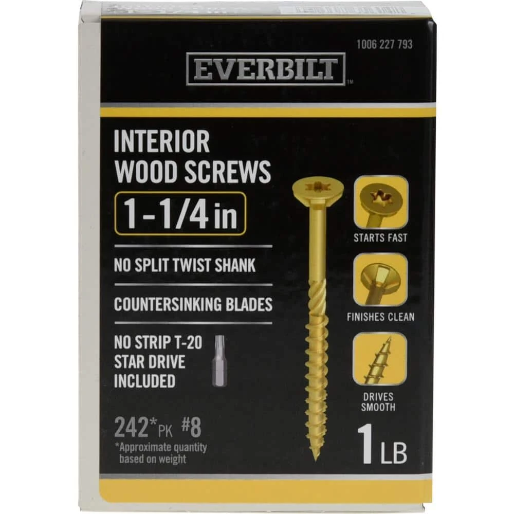 Everbilt #8 x 1-1/4 in. Star Drive Flat Head Interior Wood Screws (242-Pack) 1 Everbilt #8 x 1-1/4 in. Star Drive Flat Head Interior Wood Screws (242-Pack)