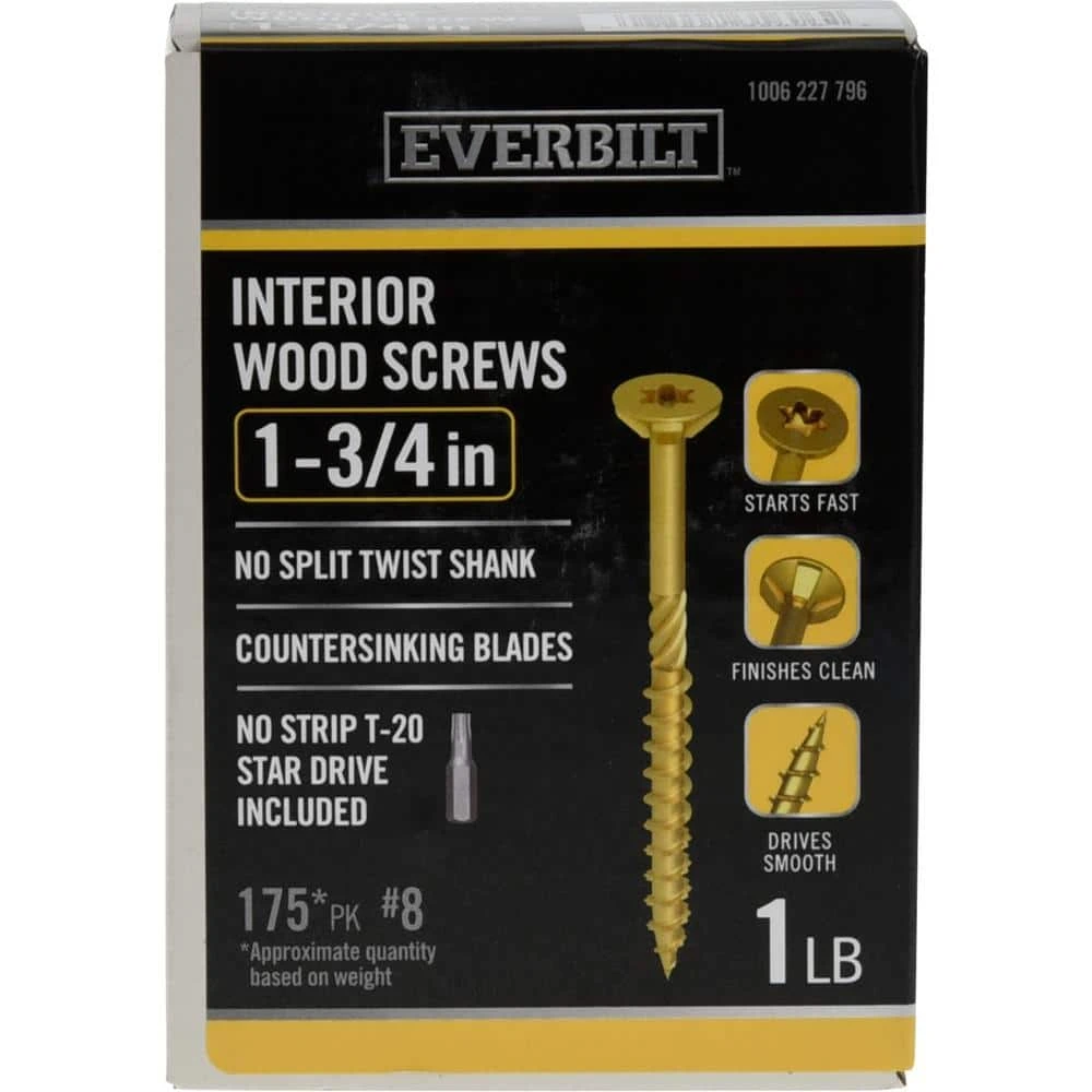 Everbilt #8 x 1-3/4 in. Star Drive Flat Head Interior Wood Screws (175-Pack) 1 Everbilt #8 x 1-3/4 in. Star Drive Flat Head Interior Wood Screws (175-Pack)