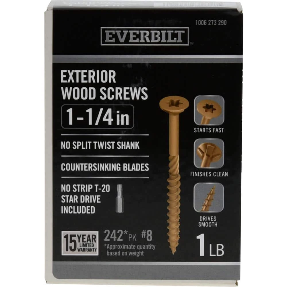 Everbilt #8 x 1-1/4 in. Star Drive Flat Head Exterior Wood Screws (242-Pack) 1 Everbilt #8 x 1-1/4 in. Star Drive Flat Head Exterior Wood Screws (242-Pack)