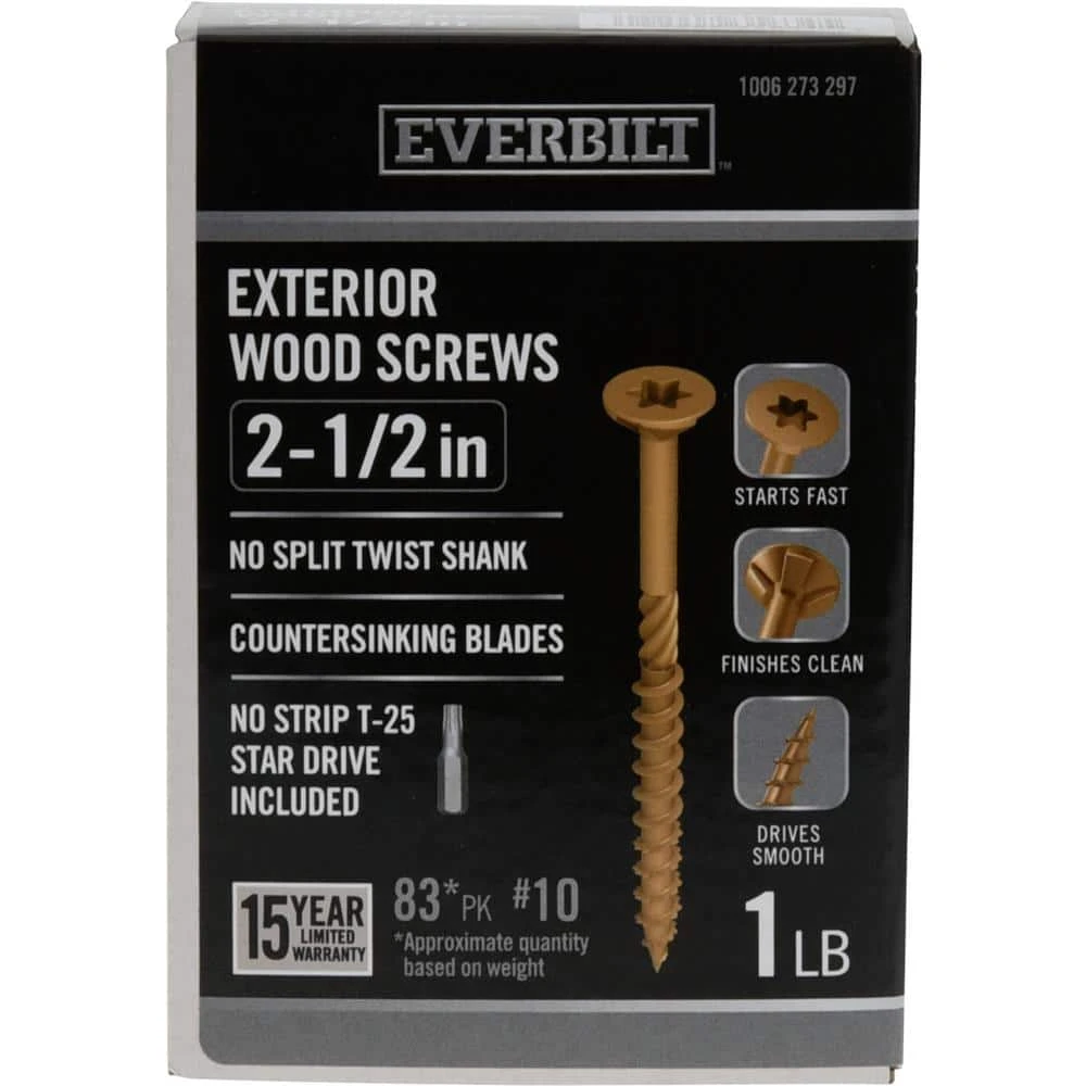 Everbilt #10 x 2-1/2 in. Star Drive Flat Head Exterior Wood Screws (83-Pack) 1 Everbilt #10 x 2-1/2 in. Star Drive Flat Head Exterior Wood Screws (83-Pack)