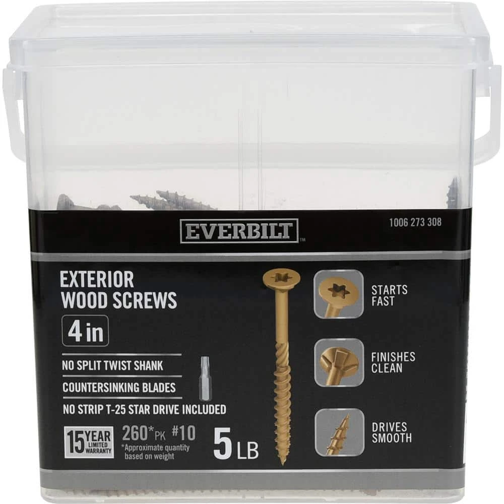 Everbilt #10 x 4 in. Star Drive Flat Head Exterior Wood Screws (260-Pack) 1 Everbilt #10 x 4 in. Star Drive Flat Head Exterior Wood Screws (260-Pack)