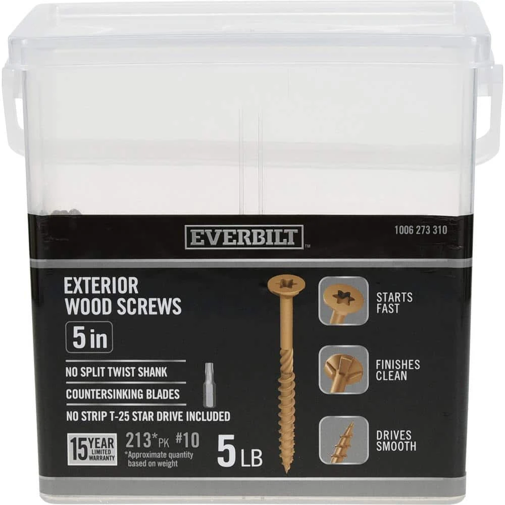 Everbilt #10 x 5 in. Star Drive Flat Head Exterior Wood Screws (213-Pack) 1 Everbilt #10 x 5 in. Star Drive Flat Head Exterior Wood Screws (213-Pack)