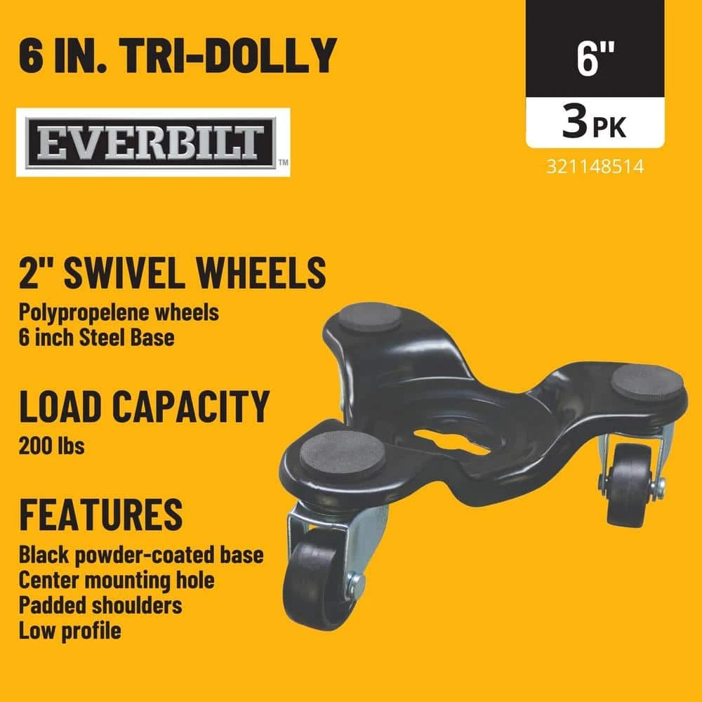 Everbilt 6 in. Steel Tri-Dolly with 200 lbs. Load Rating (3-Pack) 2 Everbilt 6 in. Steel Tri-Dolly with 200 lbs. Load Rating (3-Pack) - Image 2