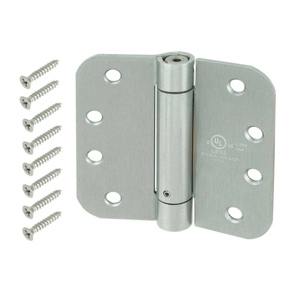 Everbilt 4 in. x 5/8 in. Radius Satin Chrome Adjustable Spring Door Hinge 1 Everbilt 4 in. x 5/8 in. Radius Satin Chrome Adjustable Spring Door Hinge