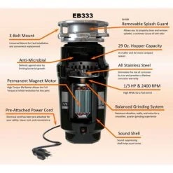 Everbilt 1/3 HP Continuous Feed Garbage Disposal with Stainless Steel Sink Flange and Attached Power Cord -Everbilt Store everbilt garbage disposals 10 us eb333 40 1000