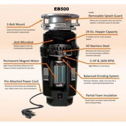 Everbilt 1/2 HP Standard Continuous Feed Garbage Disposal with Stainless Steel Sink Flange and Attached Power Cord -Everbilt Store everbilt garbage disposals 10 us eb500 40 1000