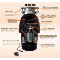 Everbilt 1/2 HP Sound Insulated Continuous Feed Garbage Disposal with Stainless Steel Sink Flange and Attached Power Cord -Everbilt Store everbilt garbage disposals 10 us eb500 md 40 1000