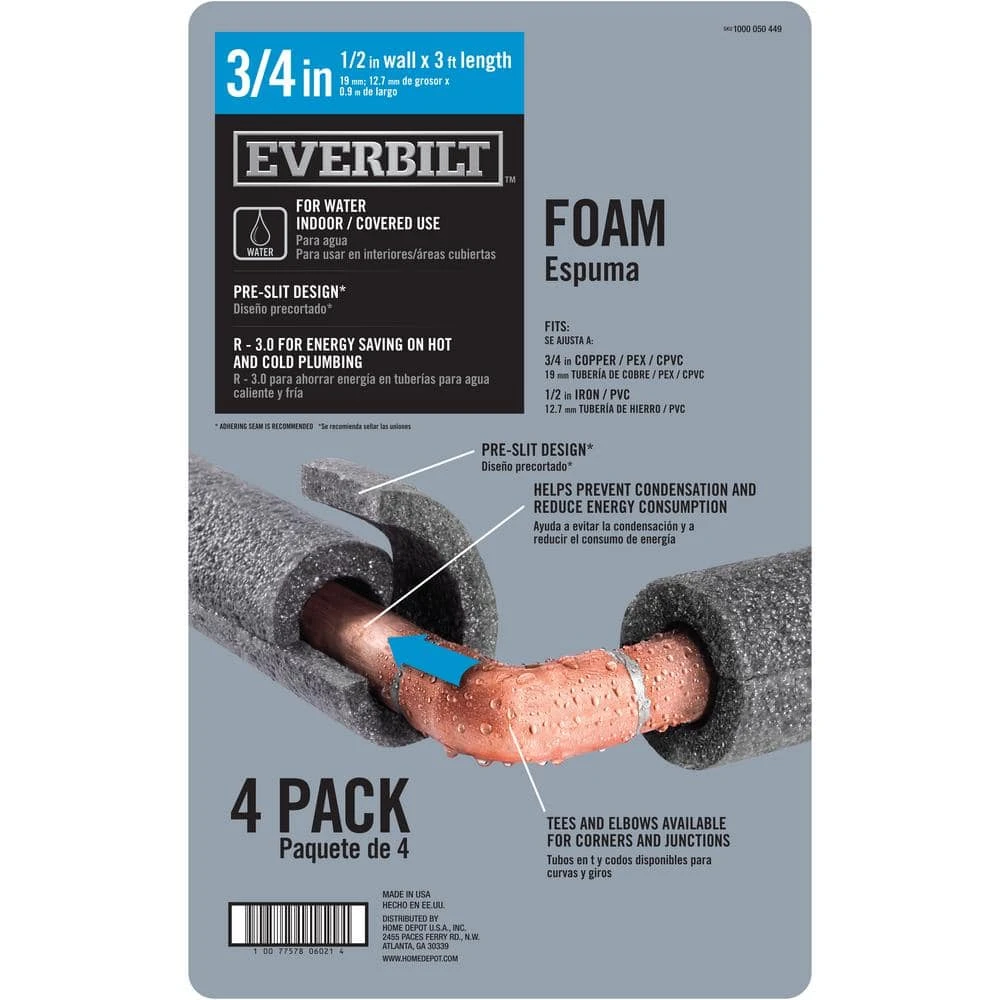 Everbilt 3/4 in. x 3 ft. Foam Pre-Slit Pipe Insulation (4-Pack) 2 Everbilt 3/4 in. x 3 ft. Foam Pre-Slit Pipe Insulation (4-Pack) - Image 2