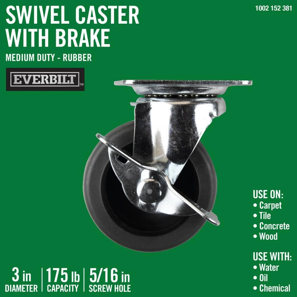 Everbilt 3 in. Gray Rubber Like TPR and Steel Swivel Plate Caster with Locking Brake and 175 lb. Load Rating 1 Everbilt 3 in. Gray Rubber Like TPR and Steel Swivel Plate Caster with Locking Brake and 175 lb. Load Rating