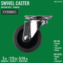 Everbilt 3 in. Gray Rubber Like TPR and Steel Swivel Plate Caster with 175 lb. Load Rating