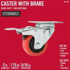Everbilt 3 in. Red Polyurethane and Steel Swivel Plate Caster with Locking Brake and 175 lb. Load Rating