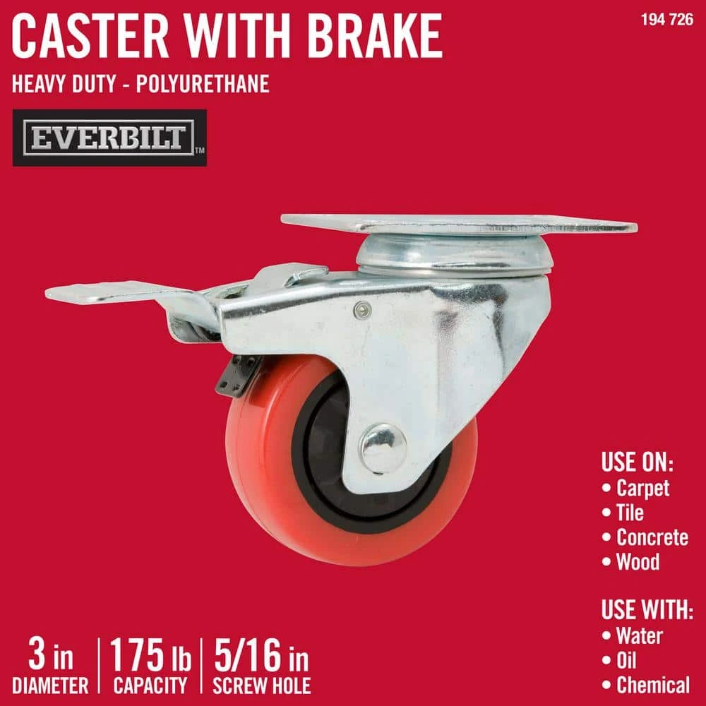 Everbilt 3 in. Red Polyurethane and Steel Swivel Plate Caster with Locking Brake and 175 lb. Load Rating 1 Everbilt 3 in. Red Polyurethane and Steel Swivel Plate Caster with Locking Brake and 175 lb. Load Rating