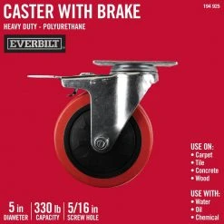 Everbilt 5 in. Red Polyurethane and Steel Swivel Plate Caster with Locking Brake and 330 lb. Load Rating