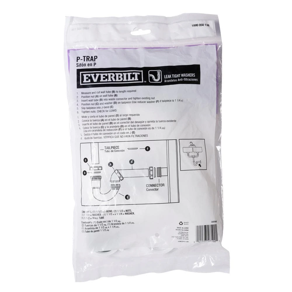 Everbilt 1-1/2 in. White Plastic Sink Drain P-Trap with Reversible J-Bend 7 Everbilt 1-1/2 in. White Plastic Sink Drain P-Trap with Reversible J-Bend - Image 7